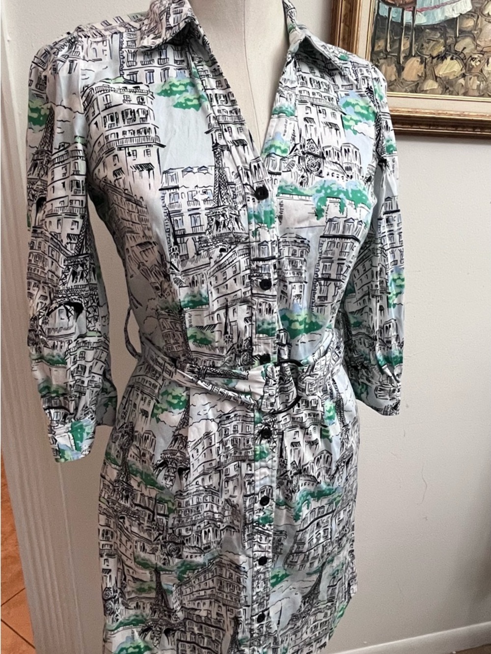 Karl Lagerfeld White Shirt Dress with Black Sketch Print and Green Accents